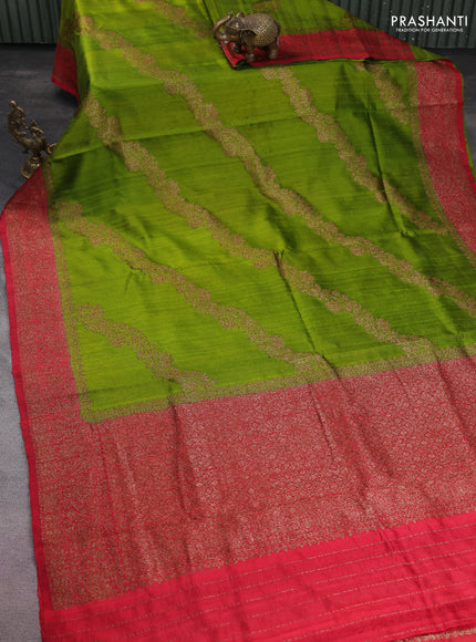 Banarasi raw silk saree light green and red with thread & zari weaves and woven border