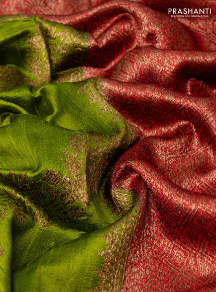 Banarasi raw silk saree light green and red with thread & zari weaves and woven border