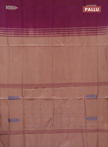 Banana pith saree dark magenta pink and pastel peach shade with thread woven buttas in borderless style