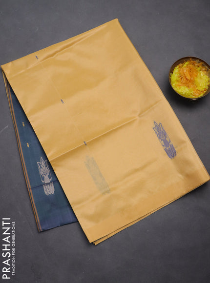 Banana pith saree pale yellow and dual shade of bluish green with thread woven buttas in borderless style