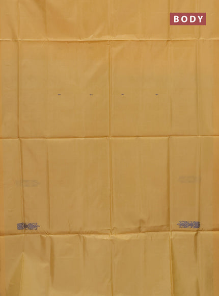 Banana pith saree pale yellow and dual shade of bluish green with thread woven buttas in borderless style