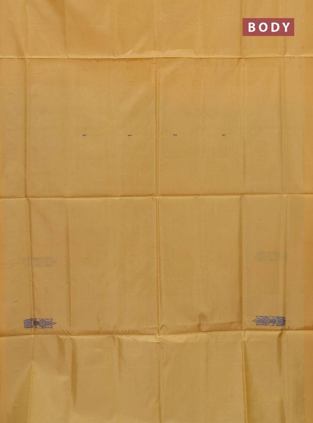 Banana pith saree pale yellow and dual shade of bluish green with thread woven buttas in borderless style