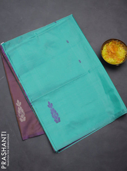 Banana pith saree teal green shade and dual shade of violet with thread woven buttas in borderless style