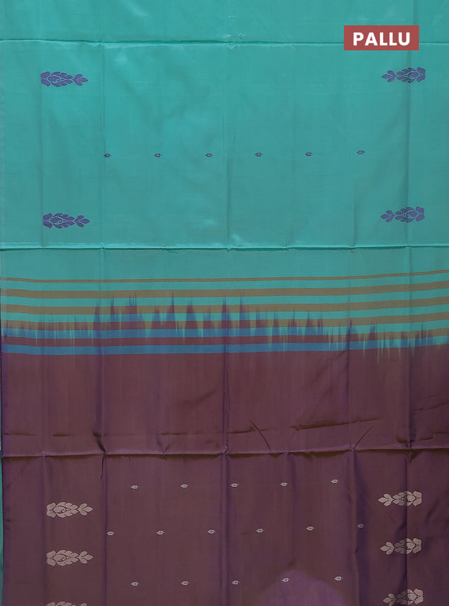 Banana pith saree teal green shade and dual shade of violet with thread woven buttas in borderless style