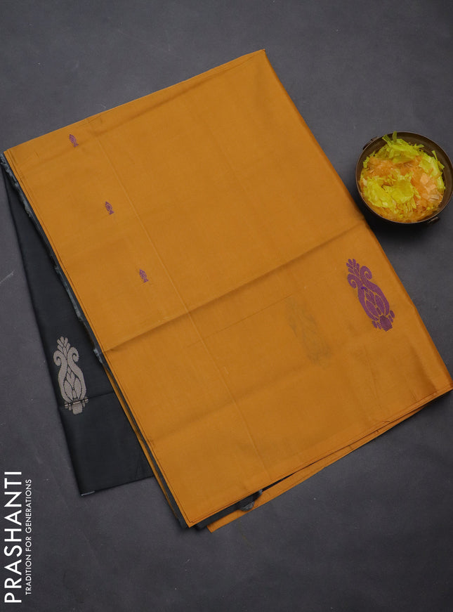 Banana pith saree mustard yellow and elephant grey with thread woven buttas in borderless style