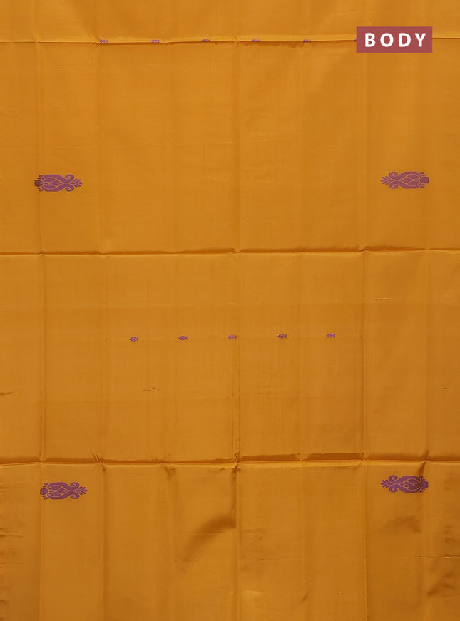 Banana pith saree mustard yellow and elephant grey with thread woven buttas in borderless style