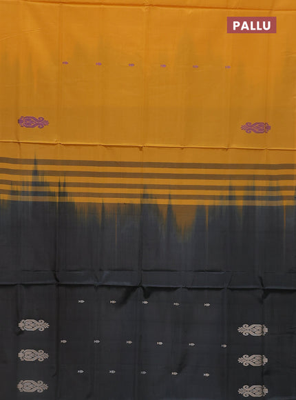 Banana pith saree mustard yellow and elephant grey with thread woven buttas in borderless style