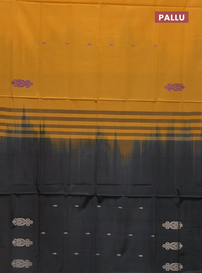 Banana pith saree mustard yellow and elephant grey with thread woven buttas in borderless style