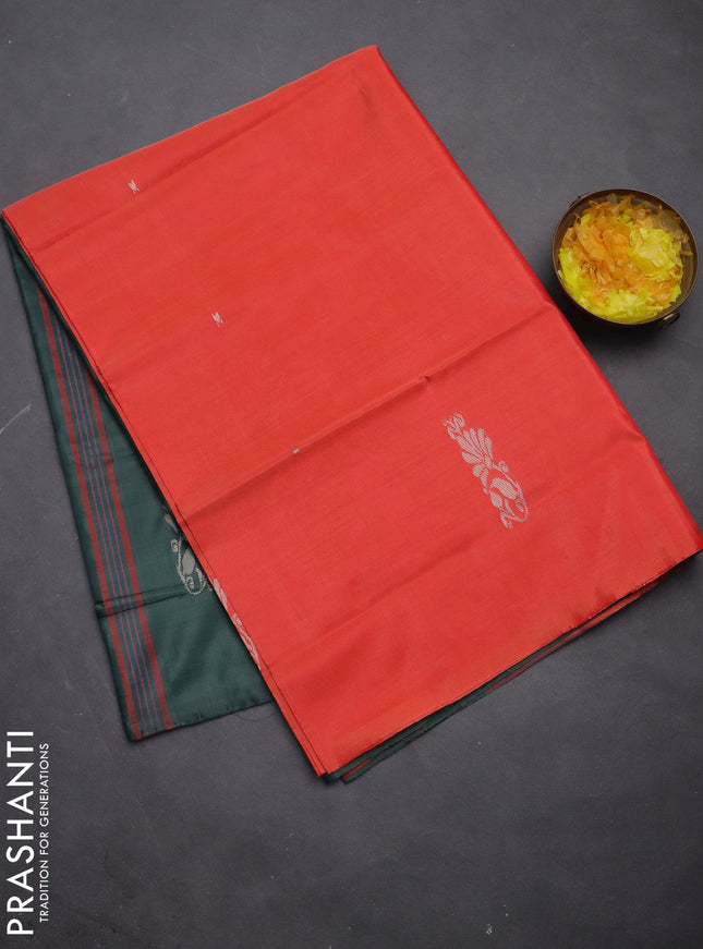 Banana pith saree orange and bottle green with thread woven buttas in borderless style