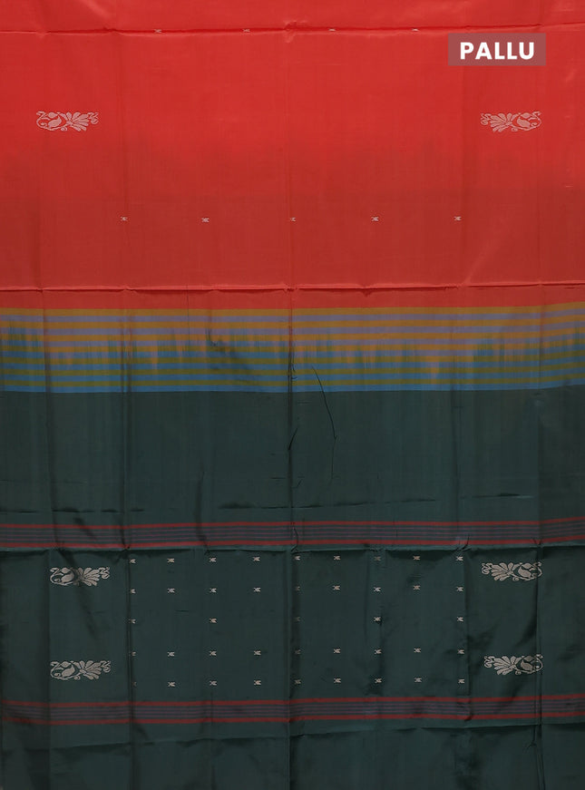 Banana pith saree orange and bottle green with thread woven buttas in borderless style