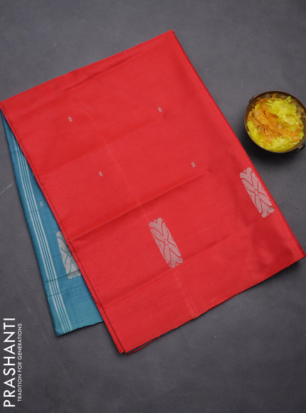 Banana pith saree red and teal blue with thread woven buttas in borderless style