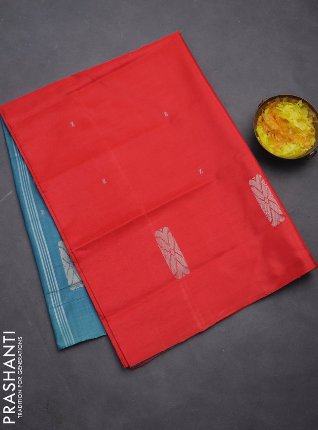 Banana pith saree red and teal blue with thread woven buttas in borderless style