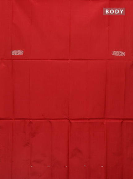 Banana pith saree red and teal blue with thread woven buttas in borderless style