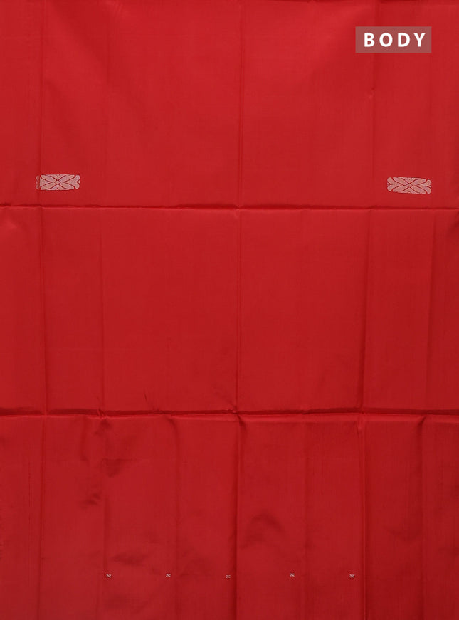 Banana pith saree red and teal blue with thread woven buttas in borderless style