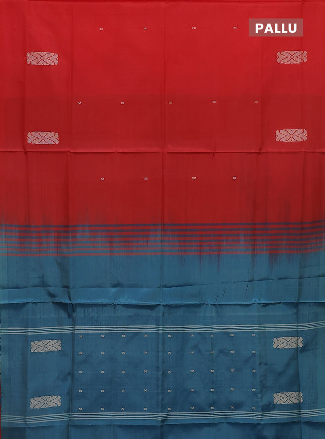 Banana pith saree red and teal blue with thread woven buttas in borderless style