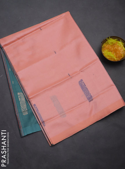Banana pith saree pale orange and teal green with thread woven buttas in borderless style