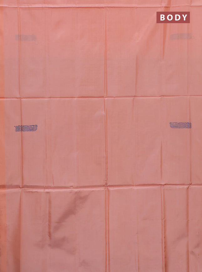 Banana pith saree pale orange and teal green with thread woven buttas in borderless style