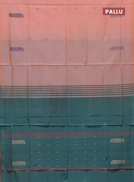 Banana pith saree pale orange and teal green with thread woven buttas in borderless style