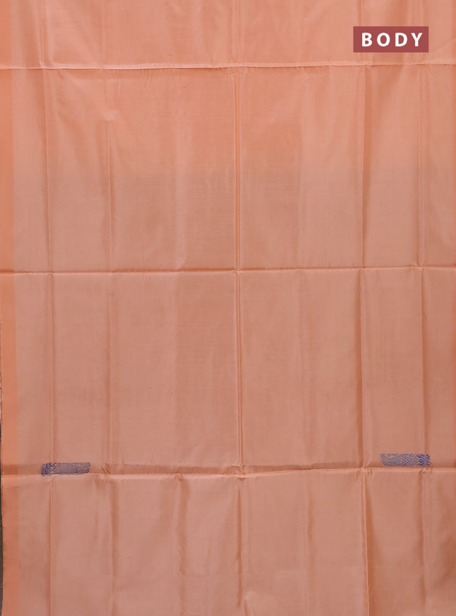 Banana pith saree pale orange and teal green with thread woven buttas in borderless style