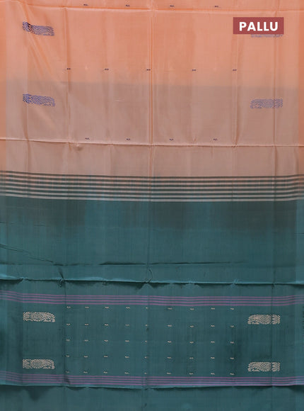 Banana pith saree pale orange and teal green with thread woven buttas in borderless style