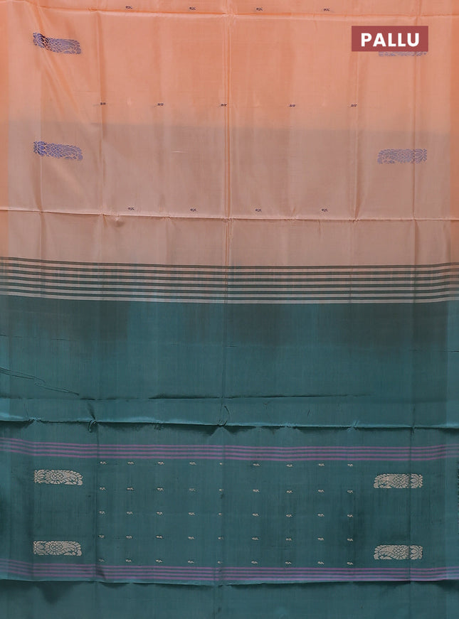 Banana pith saree pale orange and teal green with thread woven buttas in borderless style