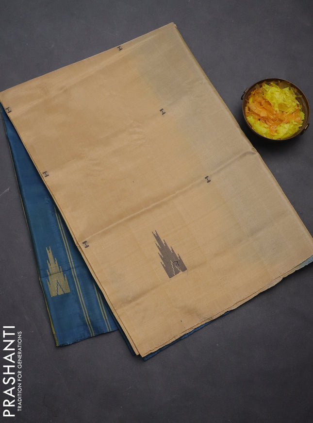 Banana pith saree cream and dual shade of blue with thread woven buttas in borderless style