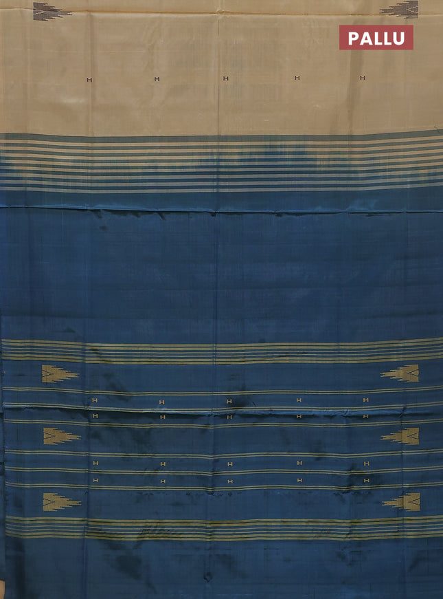 Banana pith saree cream and dual shade of blue with thread woven buttas in borderless style