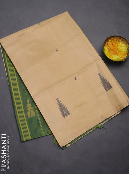 Banana pith saree cream and green with thread woven buttas in borderless style