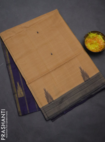 Banana pith saree sandal and blue with thread woven buttas and contrast border