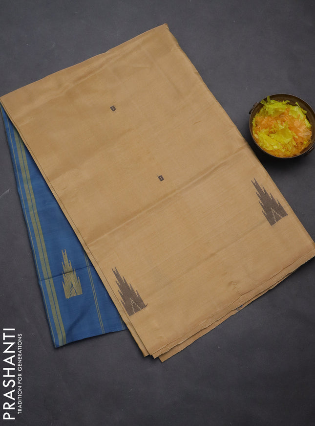 Banana pith saree sandal and cs blue with thread woven buttas in borderless style