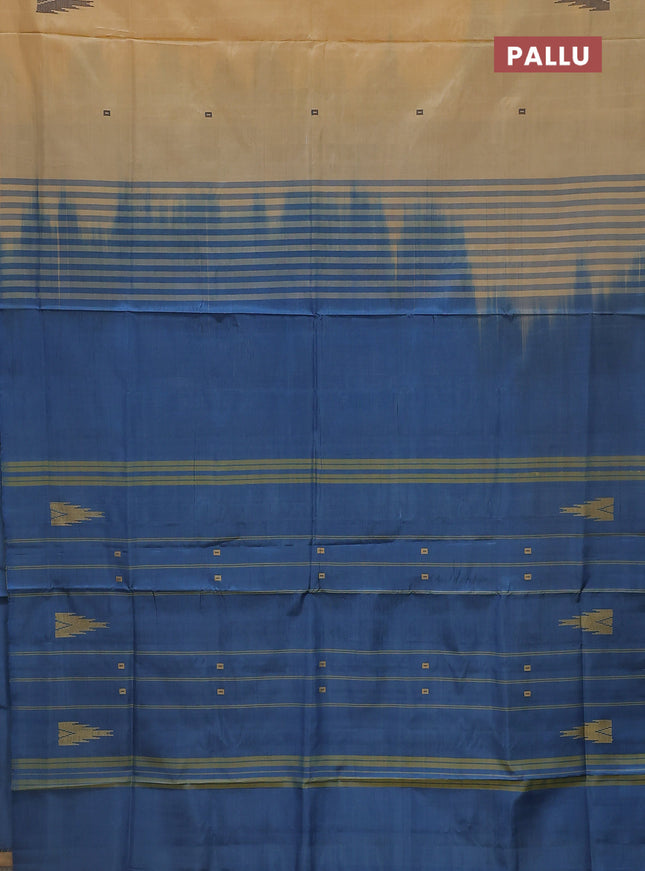 Banana pith saree sandal and cs blue with thread woven buttas in borderless style