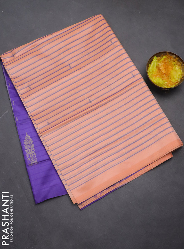 Banana pith saree peach orange and violet with allover stripe pattern in borderless style