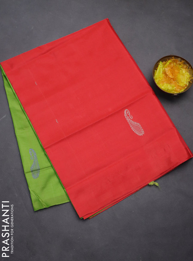 Banana pith saree red and light green with thread woven buttas in borderless style