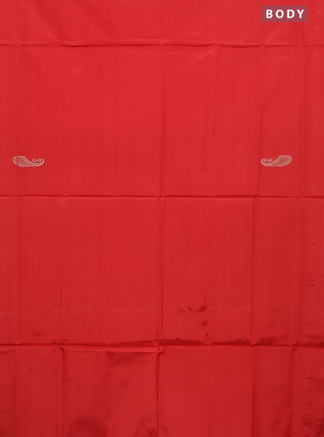 Banana pith saree red and light green with thread woven buttas in borderless style