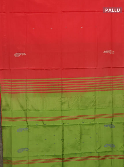 Banana pith saree red and light green with thread woven buttas in borderless style