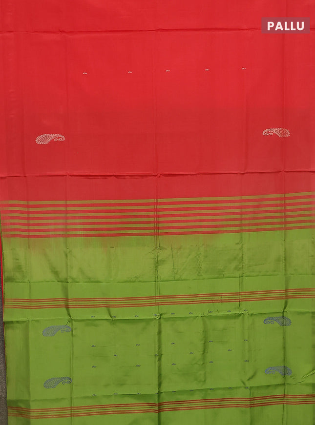 Banana pith saree red and light green with thread woven buttas in borderless style
