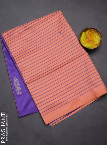 Banana pith saree peach orange and violet with allover stripe pattern in borderless style