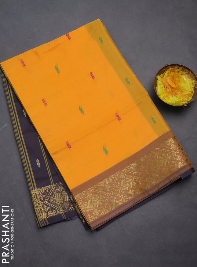Banana pith saree yellow and deep wine with thread woven buttas and zari woven border