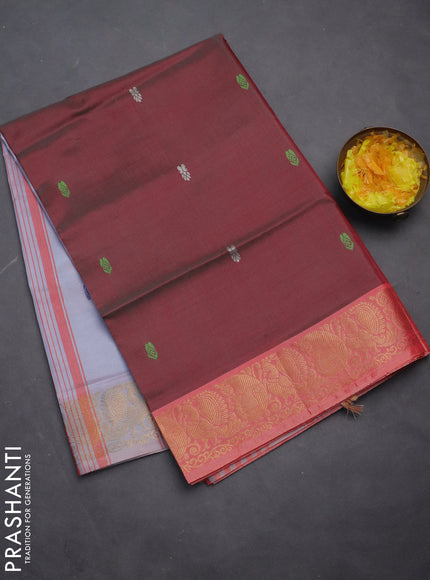Banana pith saree maroon and pastel grey with thread woven buttas and zari woven border