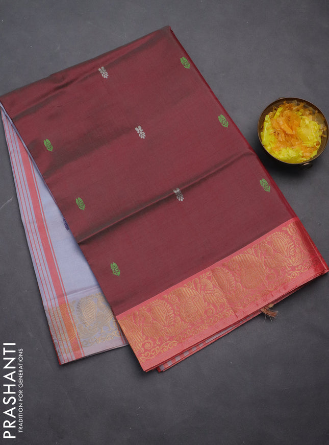 Banana pith saree maroon and pastel grey with thread woven buttas and zari woven border