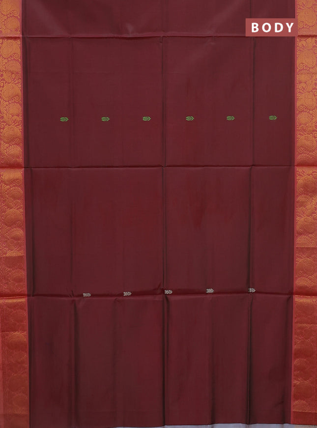 Banana pith saree maroon and pastel grey with thread woven buttas and zari woven border