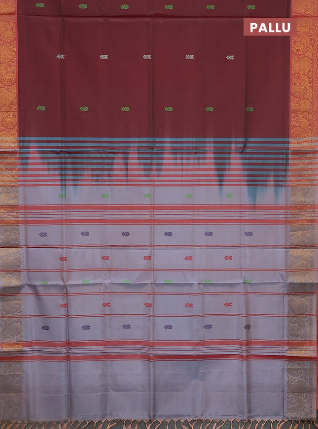 Banana pith saree maroon and pastel grey with thread woven buttas and zari woven border