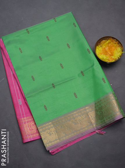 Banana pith saree green and light pink with thread woven buttas and zari woven border