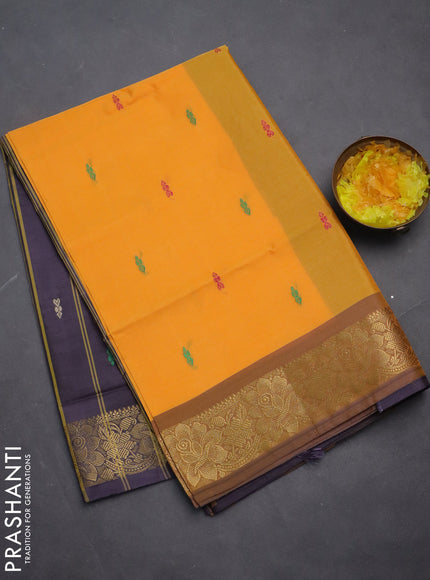 Banana pith saree mango yellow and wine shade with thread woven buttas and zari woven border