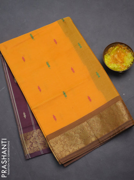 Banana pith saree mango yellow and deep maroon with thread woven buttas and zari woven border
