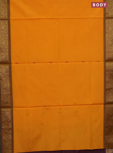 Banana pith saree mango yellow and deep maroon with thread woven buttas and zari woven border