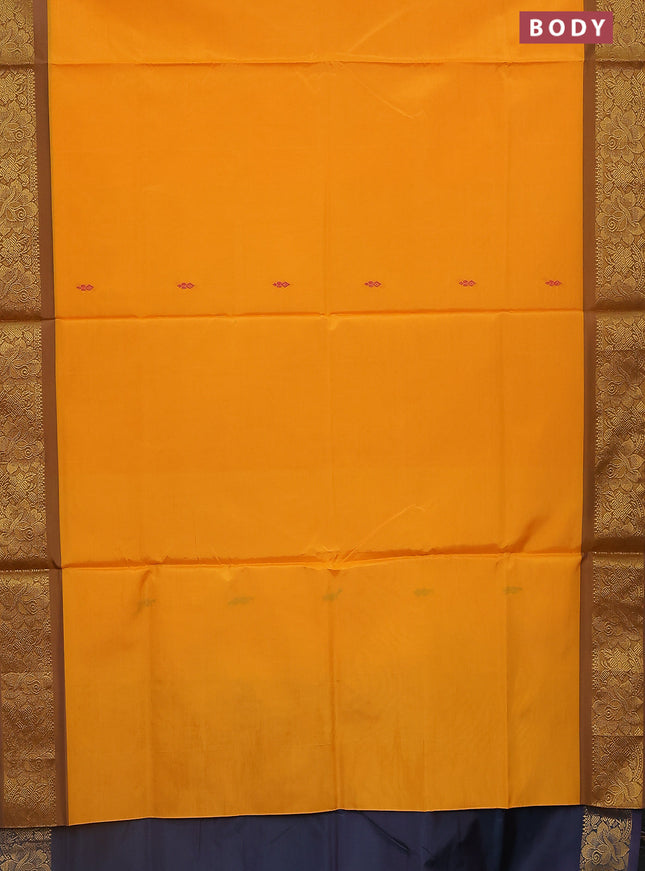 Banana pith saree mango yellow and peacock blue with thread woven buttas and zari woven border
