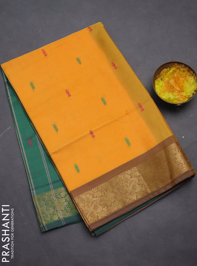 Banana pith saree mango yellow and green with thread woven buttas and zari woven border