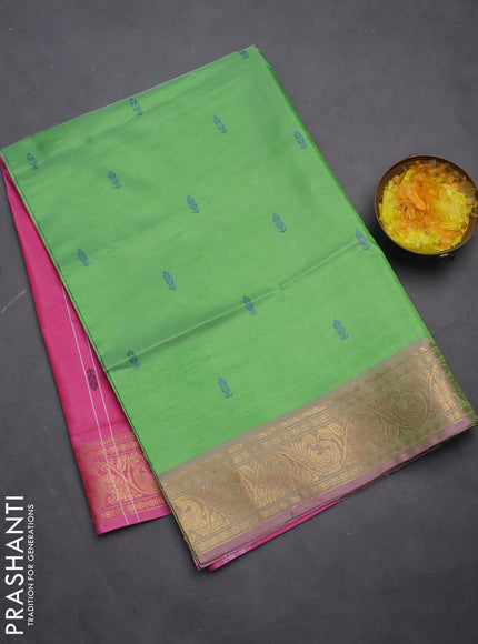 Banana pith saree parrot green and light pink with thread woven buttas and zari woven border