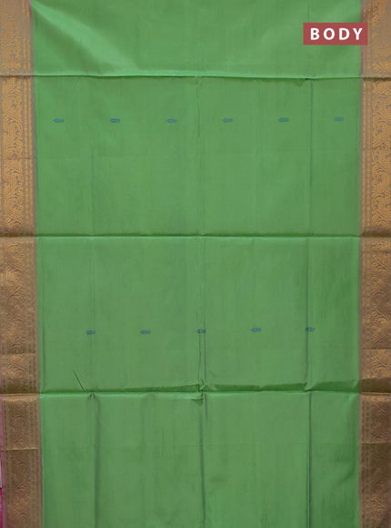 Banana pith saree parrot green and light pink with thread woven buttas and zari woven border